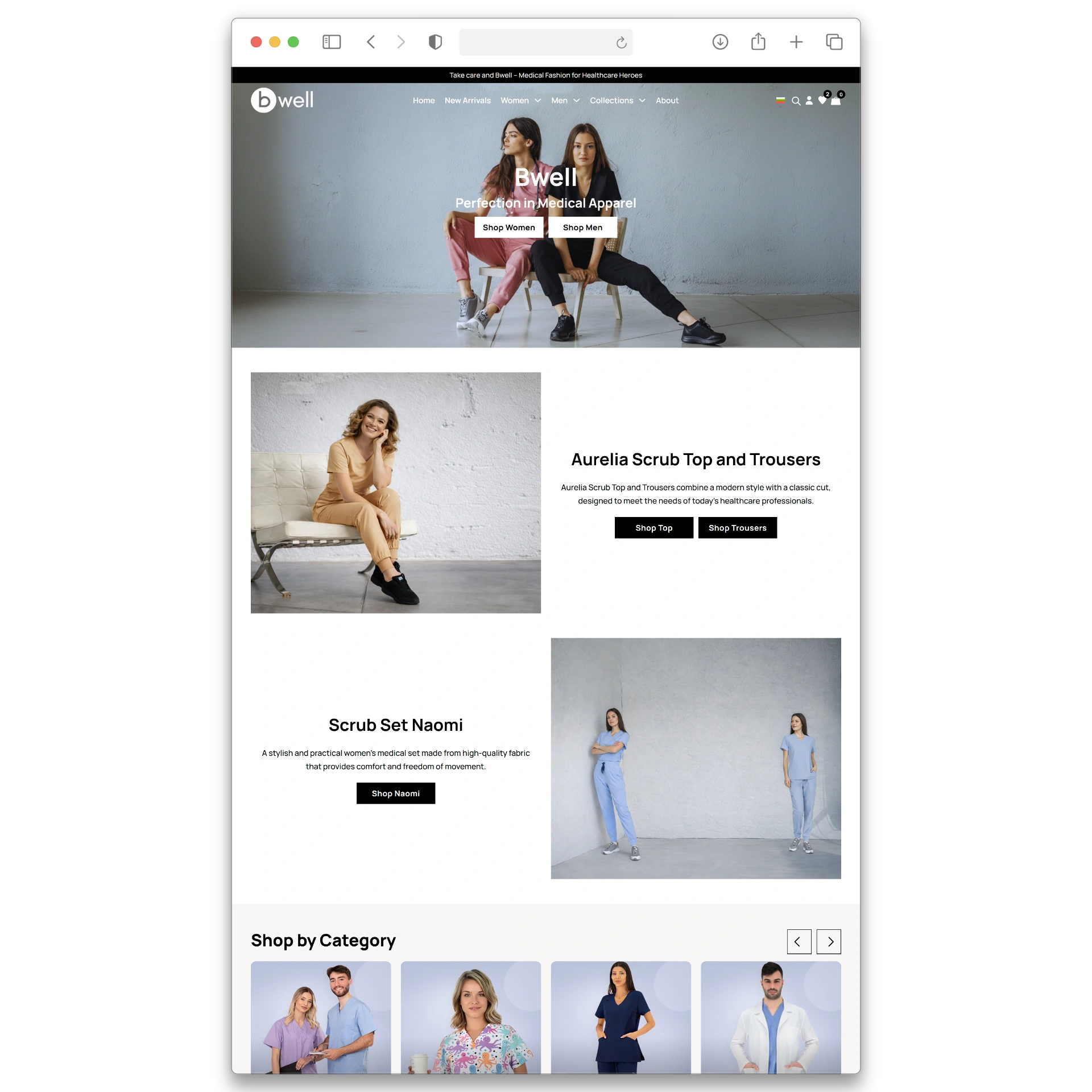 Bwell medical apparel website homepage