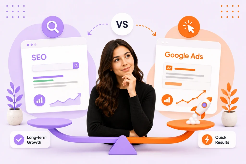 SEO vs Google Ads comparison chart showing cost, speed, and ROI for local businesses