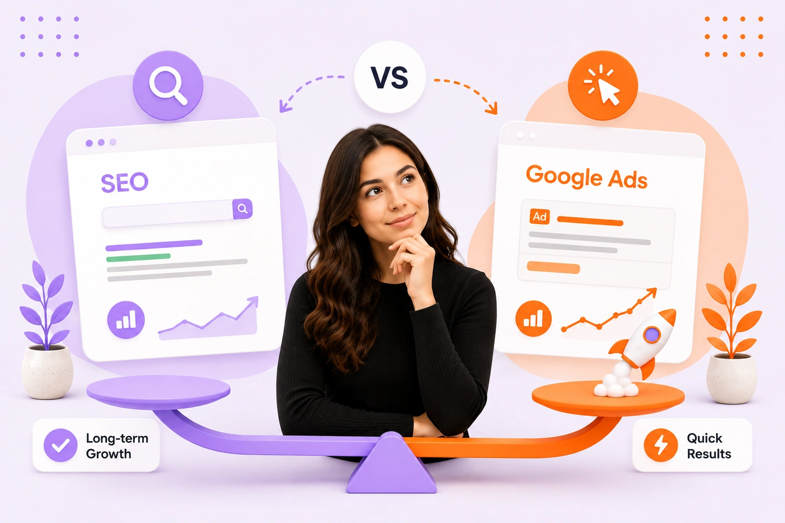 SEO vs Google Ads comparison chart showing cost, speed, and ROI for local businesses