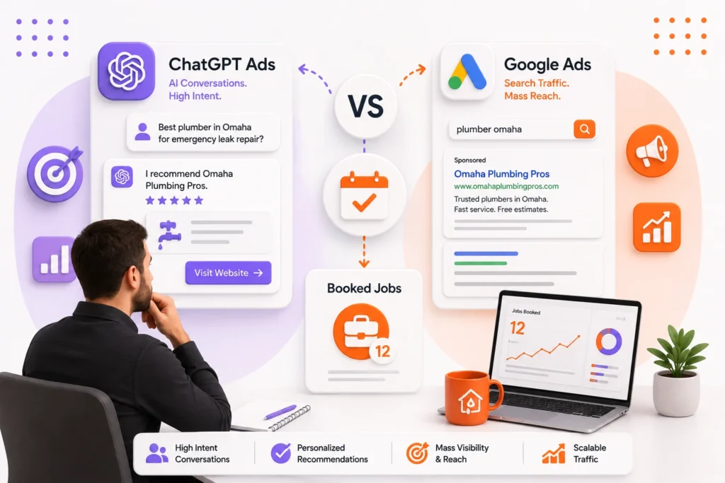 ChatGPT Ads vs Google Ads comparison table for home service contractors in 2026