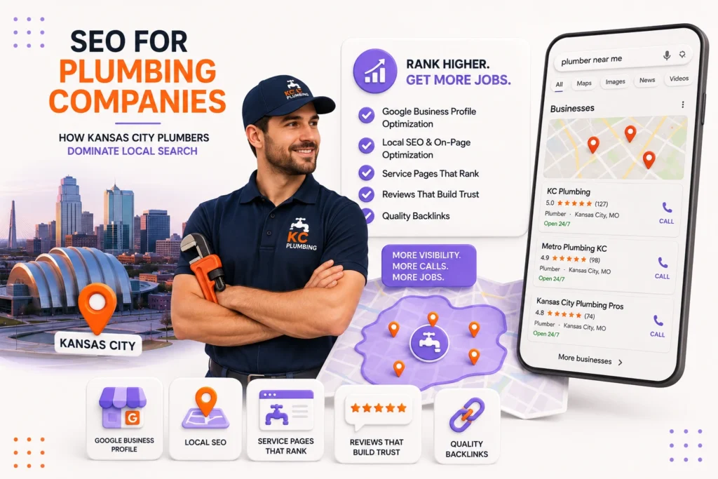 SEO for plumbing companies in Kansas City shown as a geo-grid ranking map across the metro