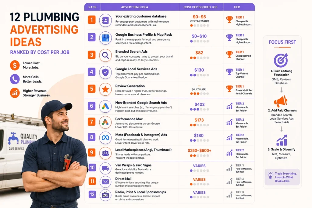 plumbing advertising ideas ranked by cost per booked job in a comparison chart